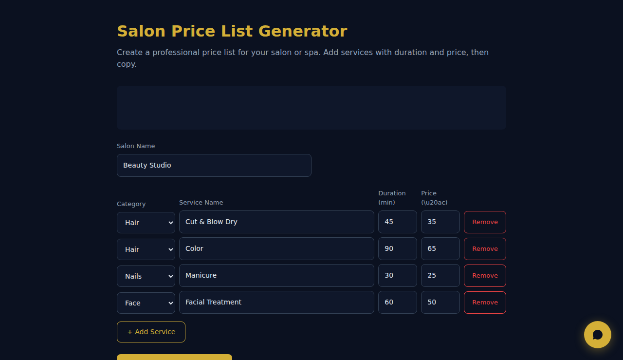 Salon Price List Generator - S.C.A.L.A.
